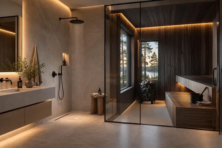 Moderni kylpyhuone ja tumma puusauna suomalaisessa spa-tilassa